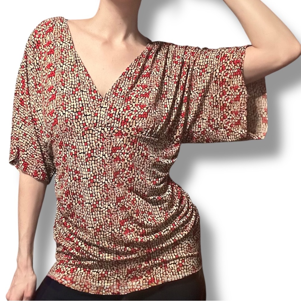 BCBG Max Azria Abstract Geometric Mini Printed Blouse Top Stretchy Comfy Size L